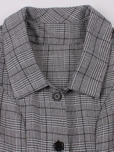 1950S Grey Turndown Collar Plaid Short Sleeve Vintage Dress With Pockets