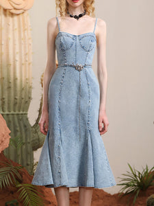 Light Blue Denim Spaghetti Strap Pearl Dress Fishtail Vintage Dress