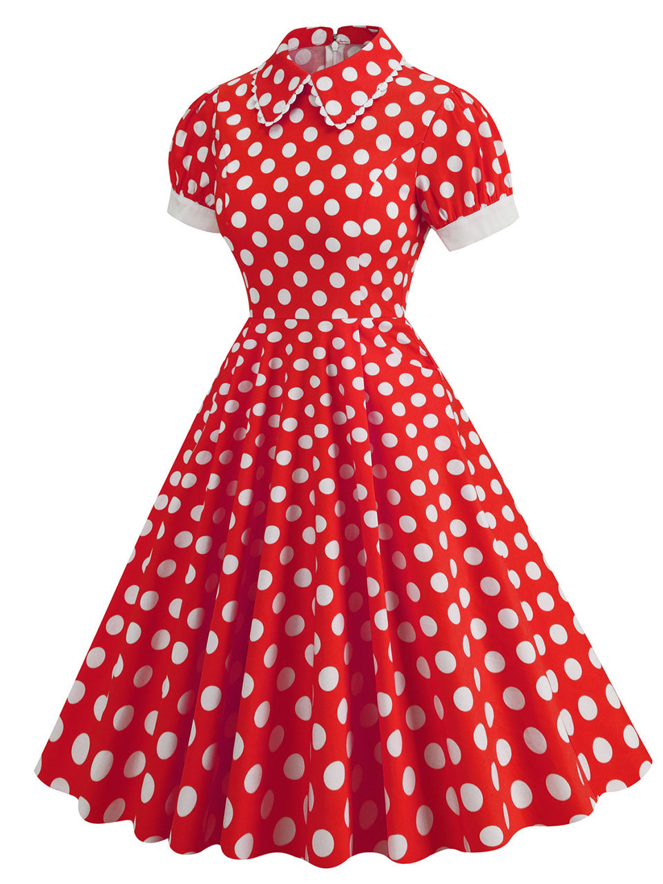 Red Polka Dots Peter Pan Collar 1950S Dress With Pockets, Red / S