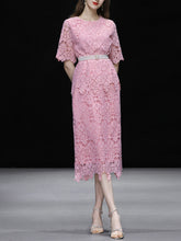 Load image into Gallery viewer, 2PS Sweet Pink Crew Neck Lace Mermaid Skirt Suit With Pearl Belt