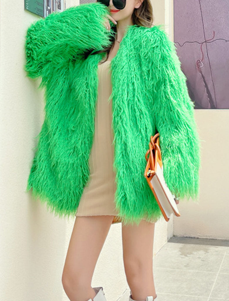 Green Faux Fur Long Sleeve Lambswool Coat Women Winter Coat