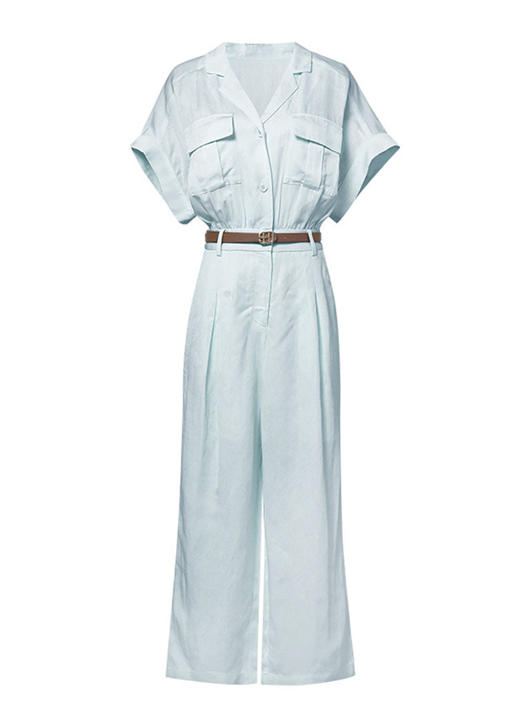 Baby Blue Lapel Collar Cotton And Linen Short Sleeve Workwear Jumpsuit