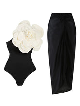 Load image into Gallery viewer, Black One Shoulder Rose Swimsuit With Bathing Suit Warp Skirt