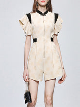 Load image into Gallery viewer, Apricot Jacquard Fabric Short Sleeve High Waist Jumpsuit