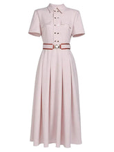 Load image into Gallery viewer, Women’s Apricot Pink Double-Breasted Belted Tunic Shirt Dress