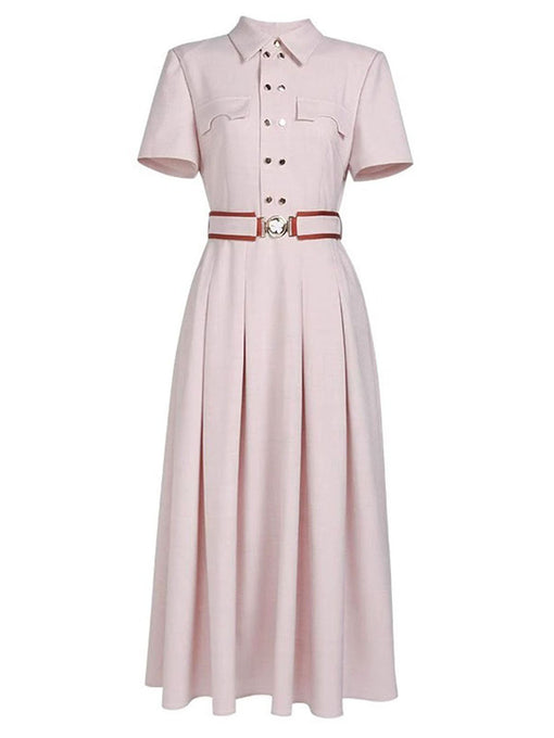 Women’s Apricot Pink Double-Breasted Belted Tunic Shirt Dress