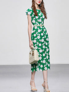Green Fruit Embroidery Hollow Lace 1960S Vintage Fishtail Dress With Pearls Belt