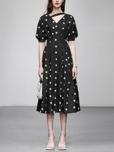 Black V Neck Balloon Sleeve Embroidered 1950S Vintage Dress