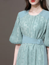 Load image into Gallery viewer, Green Crew Neck Toothpick Pleated Jacquard Fabric Puff Sleeve Vintage Dress