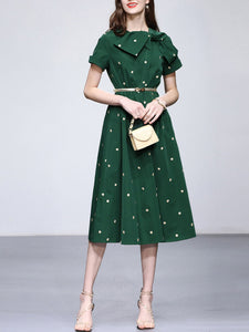Dark Green Bow Collar Embroidered Flower 1950S Vintage Dress