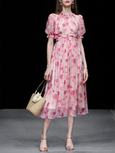 Load image into Gallery viewer, Pink Floral Print Ruffles 1950S Chiffon Vintage Dress