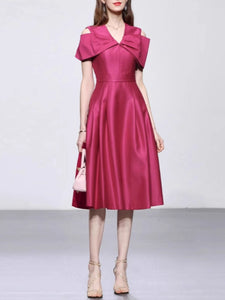 Rose Luxury Bow V Neck High Waist Swing Party Dress
