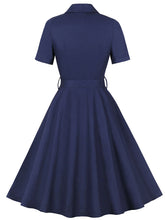 Load image into Gallery viewer, Navy Turndown Collar Plaid Short Sleeve 1950S Vintage Dress