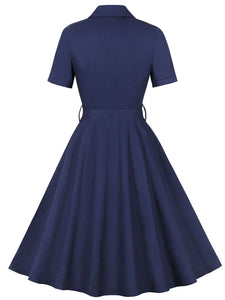 Navy Turndown Collar Plaid Short Sleeve 1950S Vintage Dress
