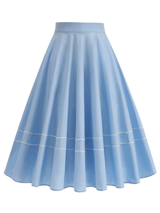 1950S Blue High Waist Pleated Swing Vintage Skirt With Pockets