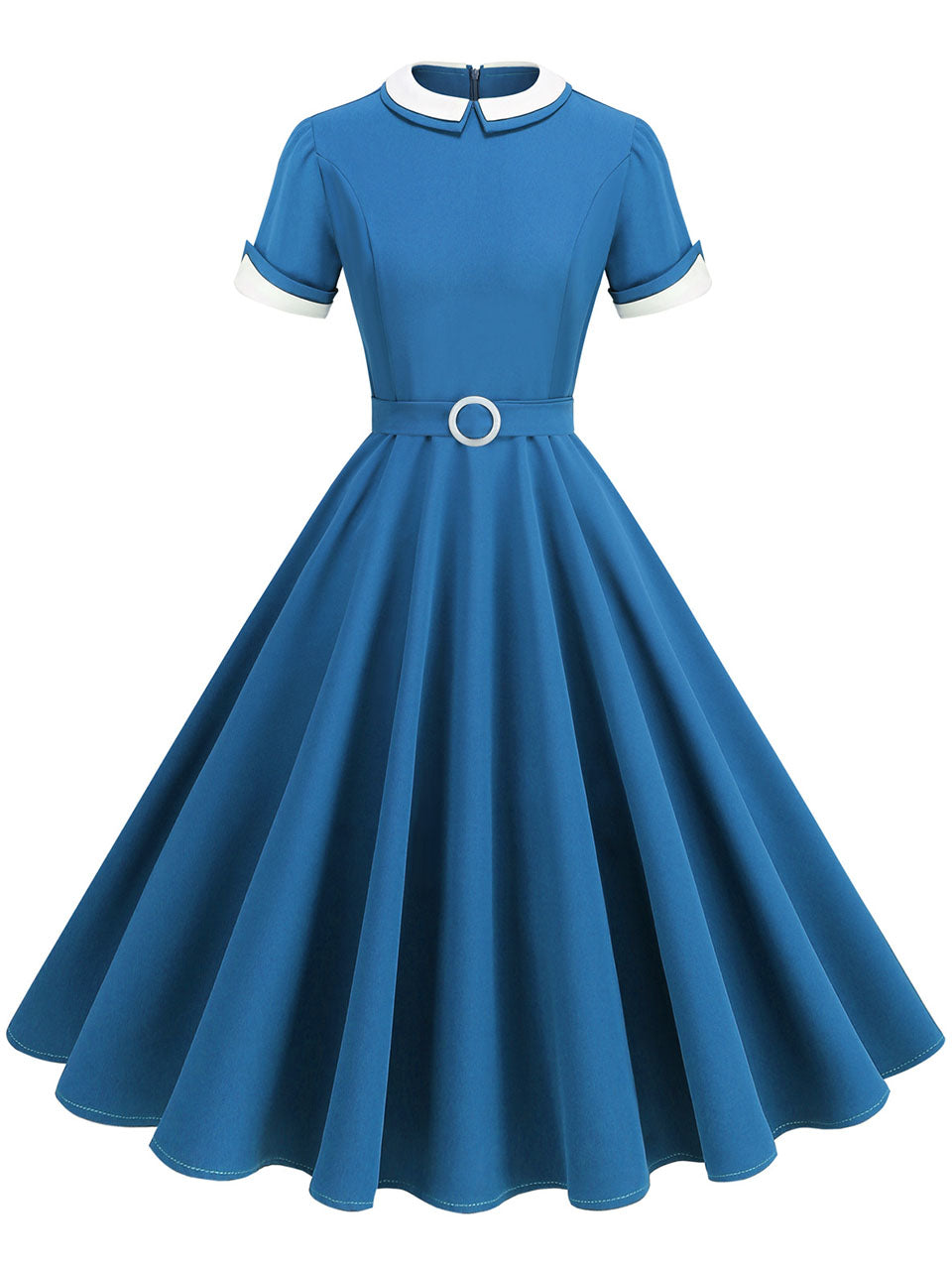 1950s Blue Peter Pan Collar Cap Sleeve Vintage Swing Dress, Blue / M