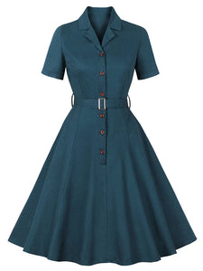 1950S Turndown Collar Solid Color Short Sleeve Vintage Dress