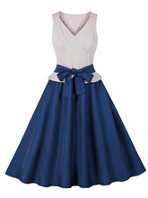 Load image into Gallery viewer, Blue Plaid V Neck 1950s Swing Dress