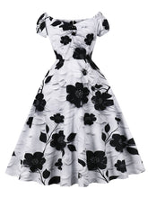 Load image into Gallery viewer, Black Off The Shoulder Flower Print 1950s Vintage Swing Dress