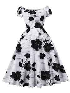 Black Off The Shoulder Flower Print 1950s Vintage Swing Dress