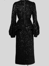 Load image into Gallery viewer, 2PS Black Crew Neck Long Sleeve Sequins Top With Swing Skrit Suit
