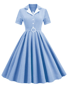 Green Plaid Turn Down Collar Short Sleeves 1950S Vintage Shirt Dress