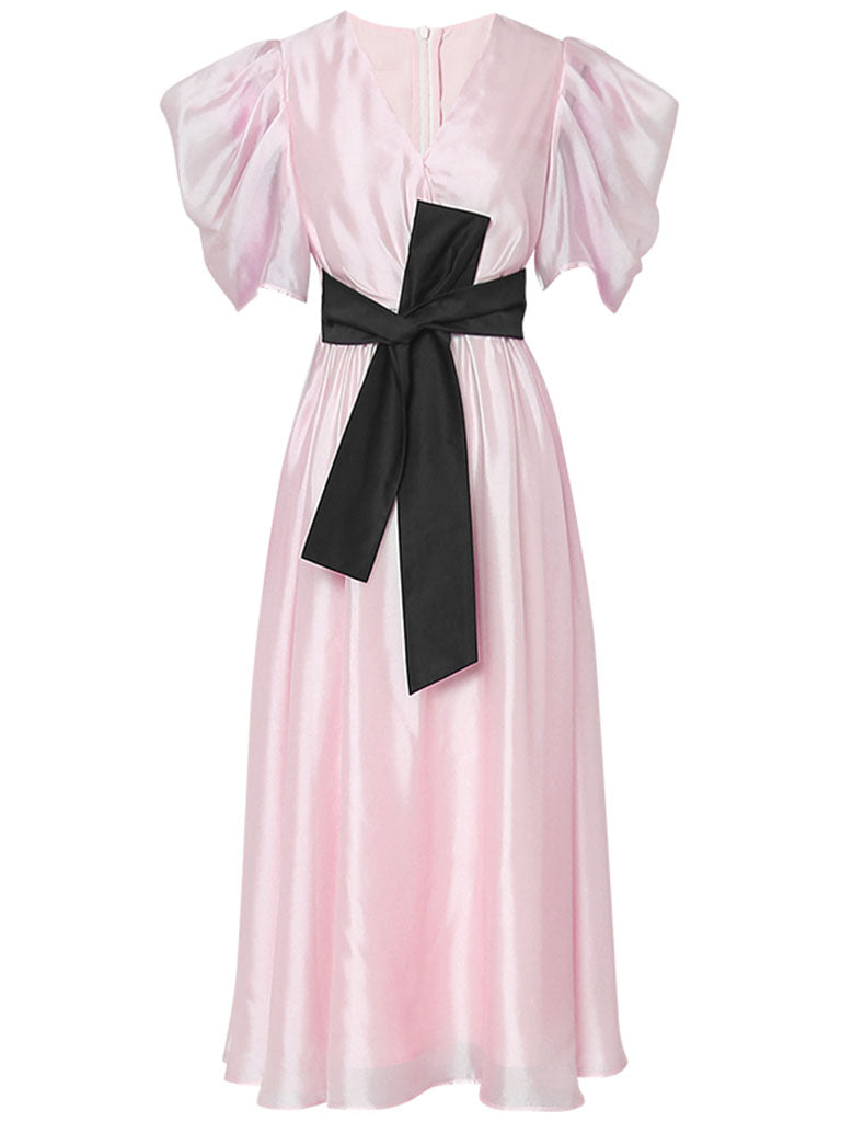 Light Pink V-neck Organza Fairy Dress With Black Belt