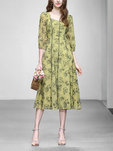 Load image into Gallery viewer, Mustard Yellow Square Neck Floral Print 1950S Vintage Swing Dress