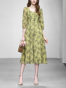 Mustard Yellow Square Neck Floral Print 1950S Vintage Swing Dress