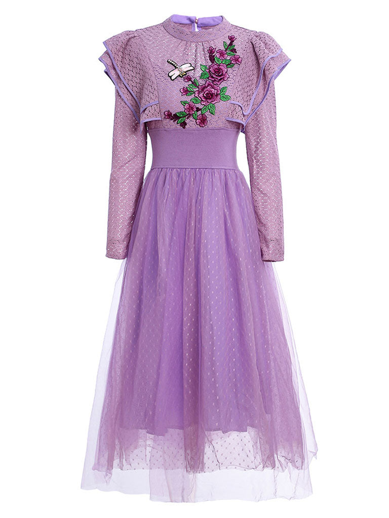 Purple Flower Embroidered Ruffles Long Sleeve 1950s Vintage Party Dress