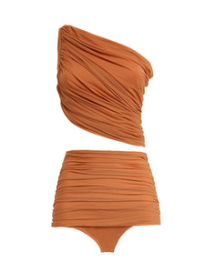 Brown One Shoulder Bikini With Bathing Suit Warp Skirt