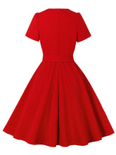 Load image into Gallery viewer, Red V Neck Short Sleeve Vintage Swing Dress With Belt