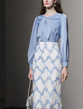 Load image into Gallery viewer, 2PS Blue Bow Collar Satin Shirt And Lace Mermaid Skirt Suit