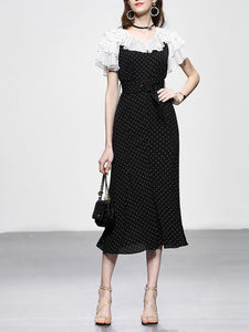 Black Polka Dots Collaret Ruffles Sleeve Mermaid Vintage Dress