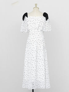 White Sweet Heart Print Square Neck Bow Chiffon 1950S Dress
