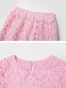 2PS Sweet Pink Crew Neck Lace Mermaid Skirt Suit With Pearl Belt