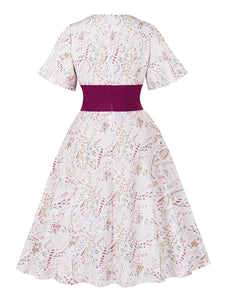 White V Neck Print 1950s Vintage Swing Dress