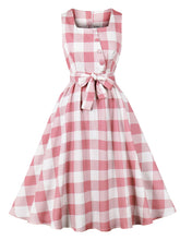 Load image into Gallery viewer, Barbie Pink And White Plaid Square Neck 1950s Swing Dress