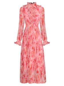 Pink Retro Palace Victorian Ruffles Long-sleeved Printed Maxi Dress