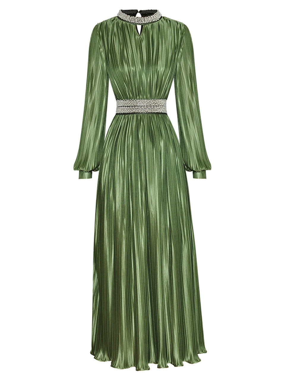 Green Pleated Long Sleeve Beading Romantic Stain Maxi Dress, Green / XS