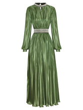 Load image into Gallery viewer, Green Pleated Long Sleeve Beading Romantic Stain Maxi Dress