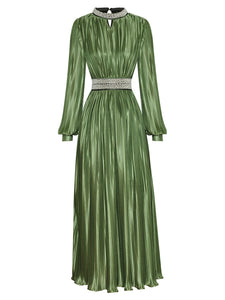 Green Pleated Long Sleeve Beading Romantic Stain Maxi Dress