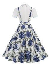 Load image into Gallery viewer, Navy Floral Print High Waist Audrey Hepburn Style Cocktail Suspender Swing Dress
