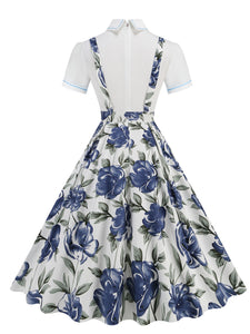 Navy Floral Print High Waist Audrey Hepburn Style Cocktail Suspender Swing Dress