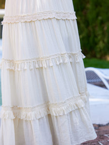 White Bohemian Off The Shoulder Ruffled Tassel High Waist Boho Maxi Dress
