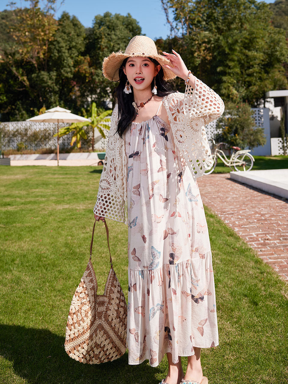 Bohemian Retro Sweet Butterfly Print Beaded Strap Boho Maxi Dress with Hollow Crochet Shawl, White / XS Bohemian Retro Sweet Butterfly Print Beaded Strap Boho Maxi Dress with Hollow Crochet Shawl, White / XS