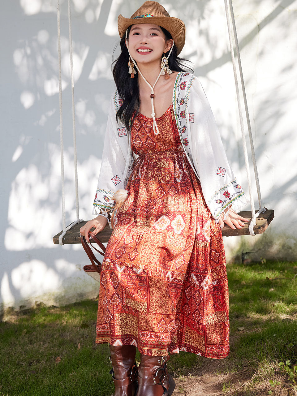 orange bohemian dress Bohemian Floral Beach Coverup Dress Auburn Recycled Silk Summer Shift Dress M