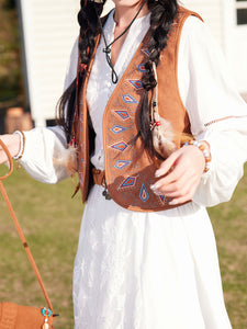 Bohemian White Embroidered Cotton Maxi Dress with Suede Embroidered Vest Boho Suit