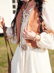Bohemian White Ruffles Cotton Maxi Dress with Suede Embroidered Vest Boho Suit