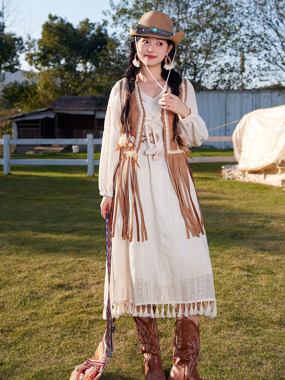 Bohemian White Tassel Cotton Maxi Dress with Suede Embroidered Vest Boho Suit, White / S Bohemian White Tassel Cotton Maxi Dress with Suede Embroidered Vest Boho Suit, White / S